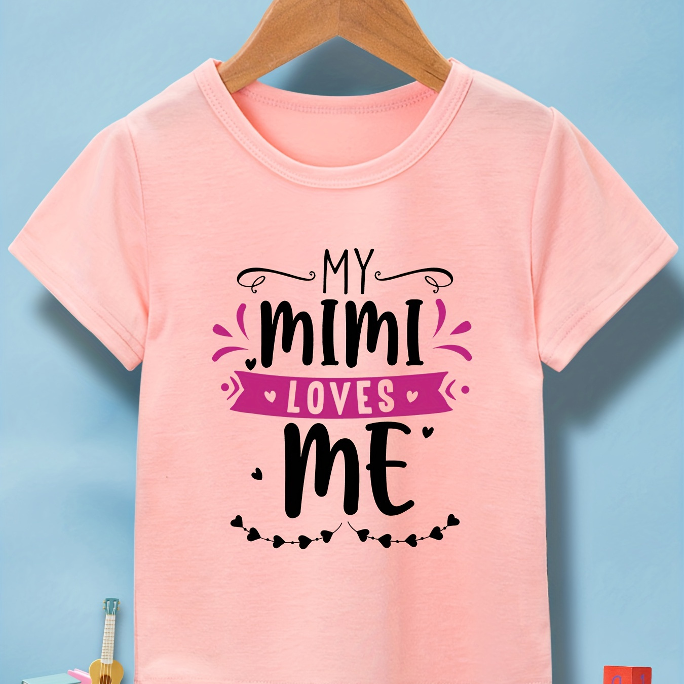 ''My Mimi Loves Me'' Graphic Print Girls' T-Shirt, Casual Lightweight Comfy Short Sleeve Tee Kids Tops