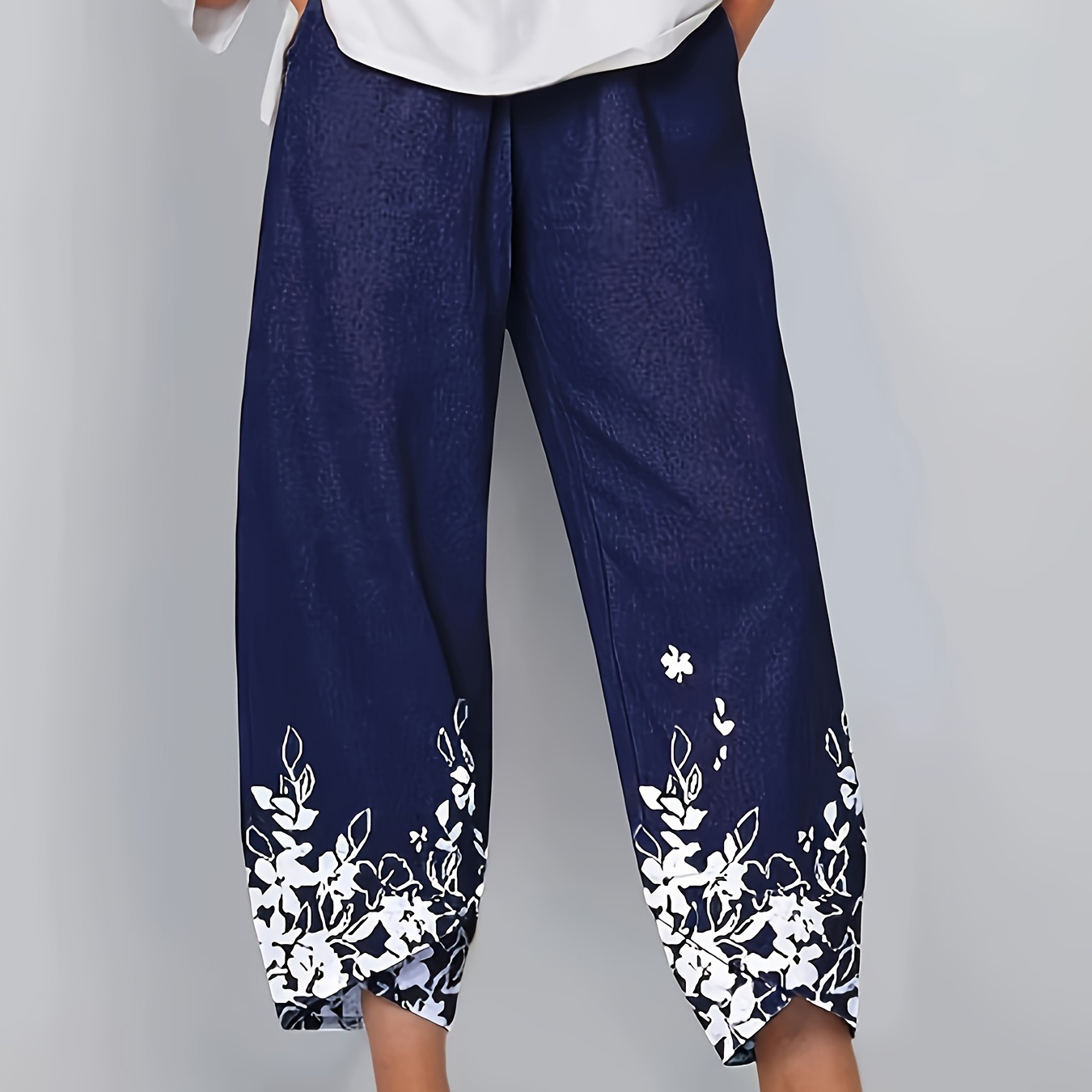 

Floral Print Cropped Loose Pants, Casual Irregular Hem Pants For Spring & Summer, Women's Clothing