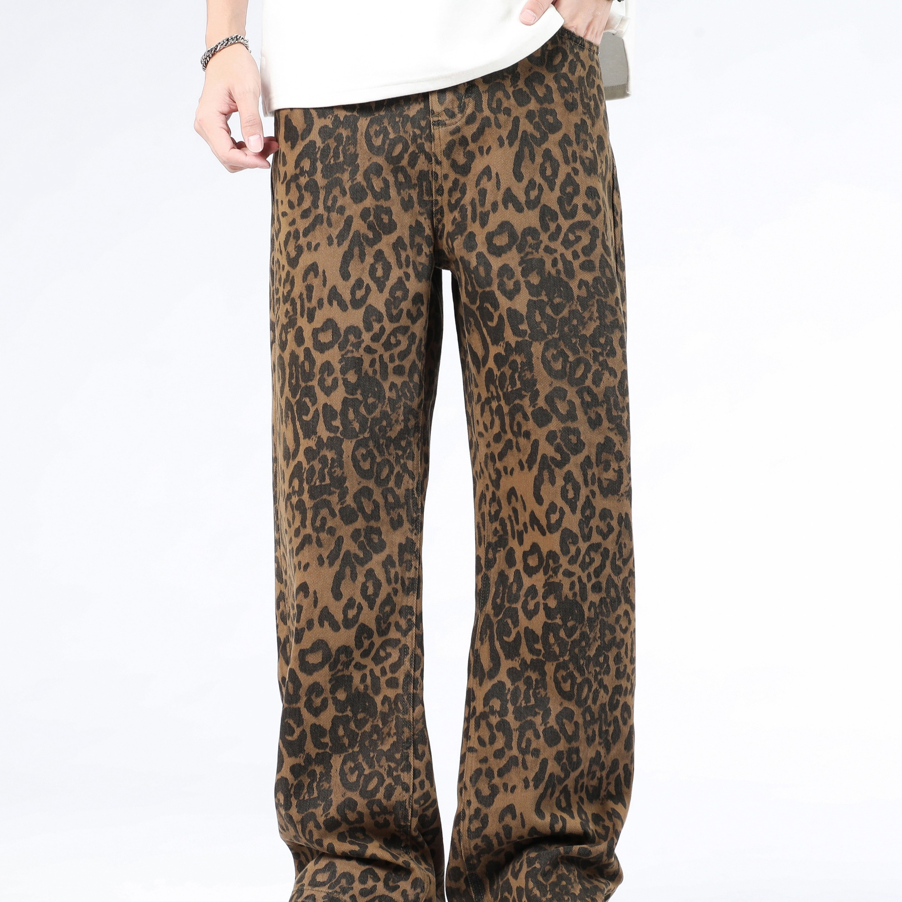 

Men' Leopard Pattern Long Pants Street Loose Straight Cotton Jeans