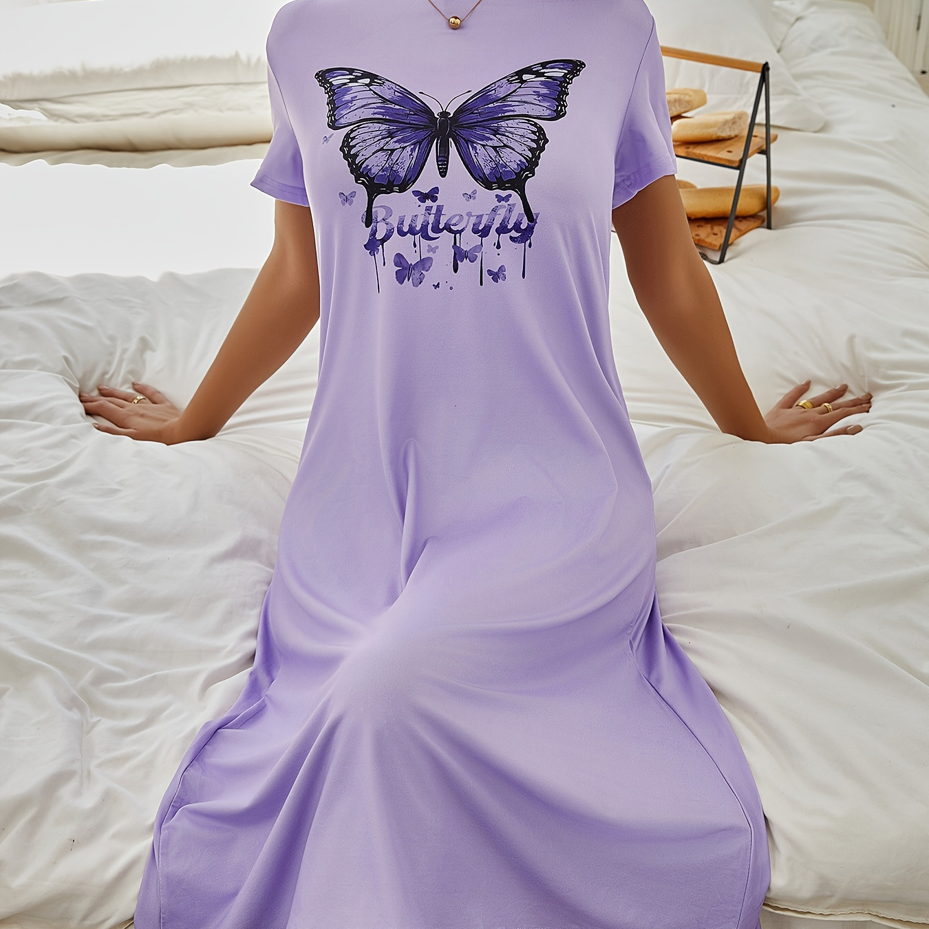 

Casual Butterfly & Letter Print Nightgown, Short Sleeve Round Neck Loose Fit Sleep Dress, Women's Sleepwear
