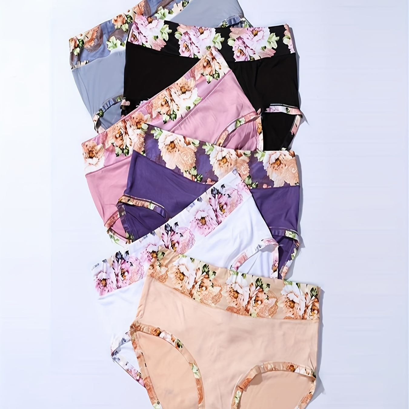 

6pcs Women's Plus Elegant Panties, Plus Size Floral Print High Waist Soft & Breathable Briefs