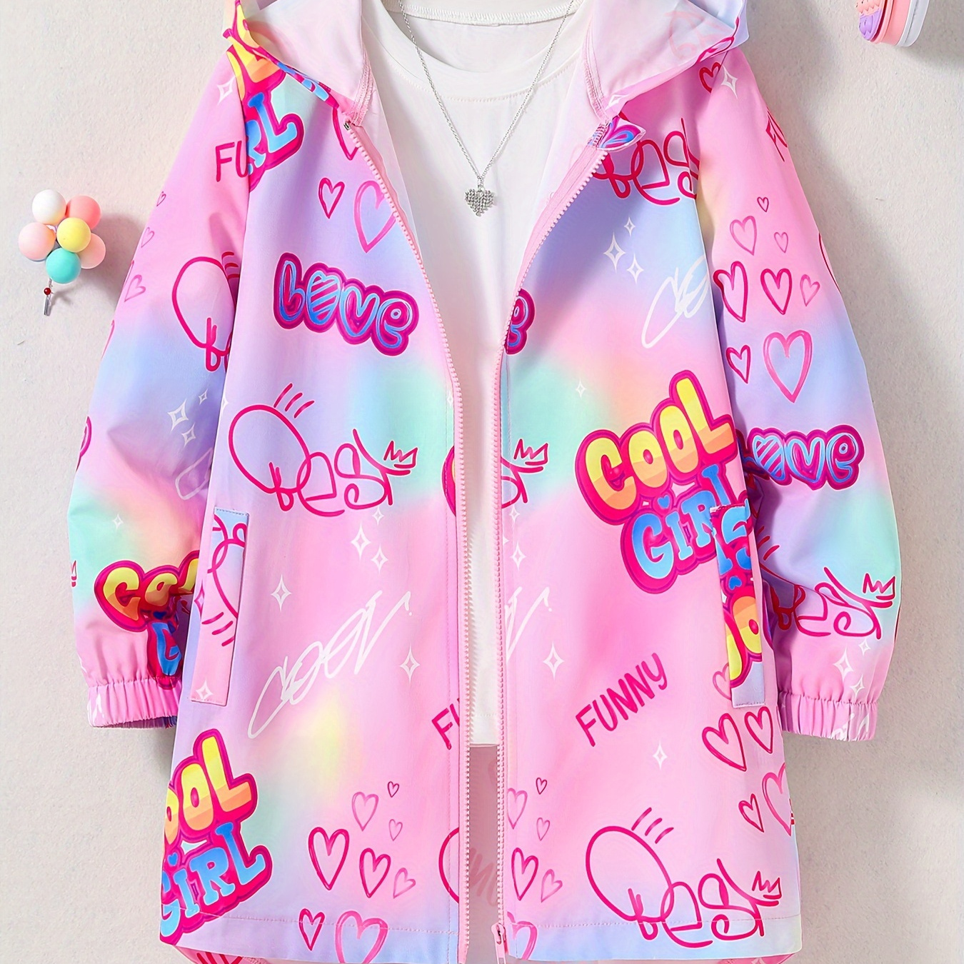 

Cool Girl Graffiti Style Lightweight Casual Hoodie Jacket With Slight High Low Design, Girls Windbreaker For Outdoor