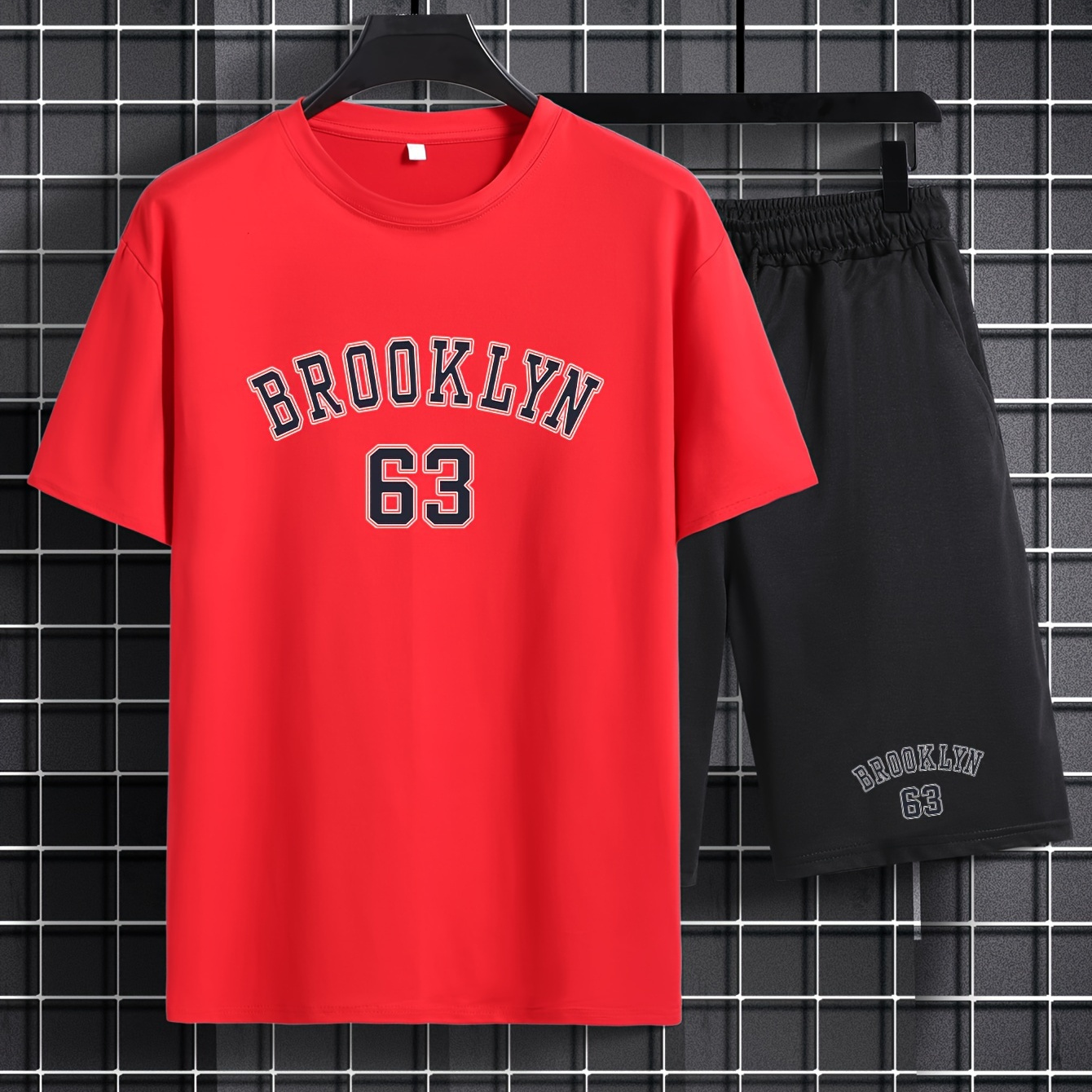 

Plus Size Men's 2pcs Outfits, "brooklyn" Graphic Print T-shirt & Shorts Set For Outdoor Sports