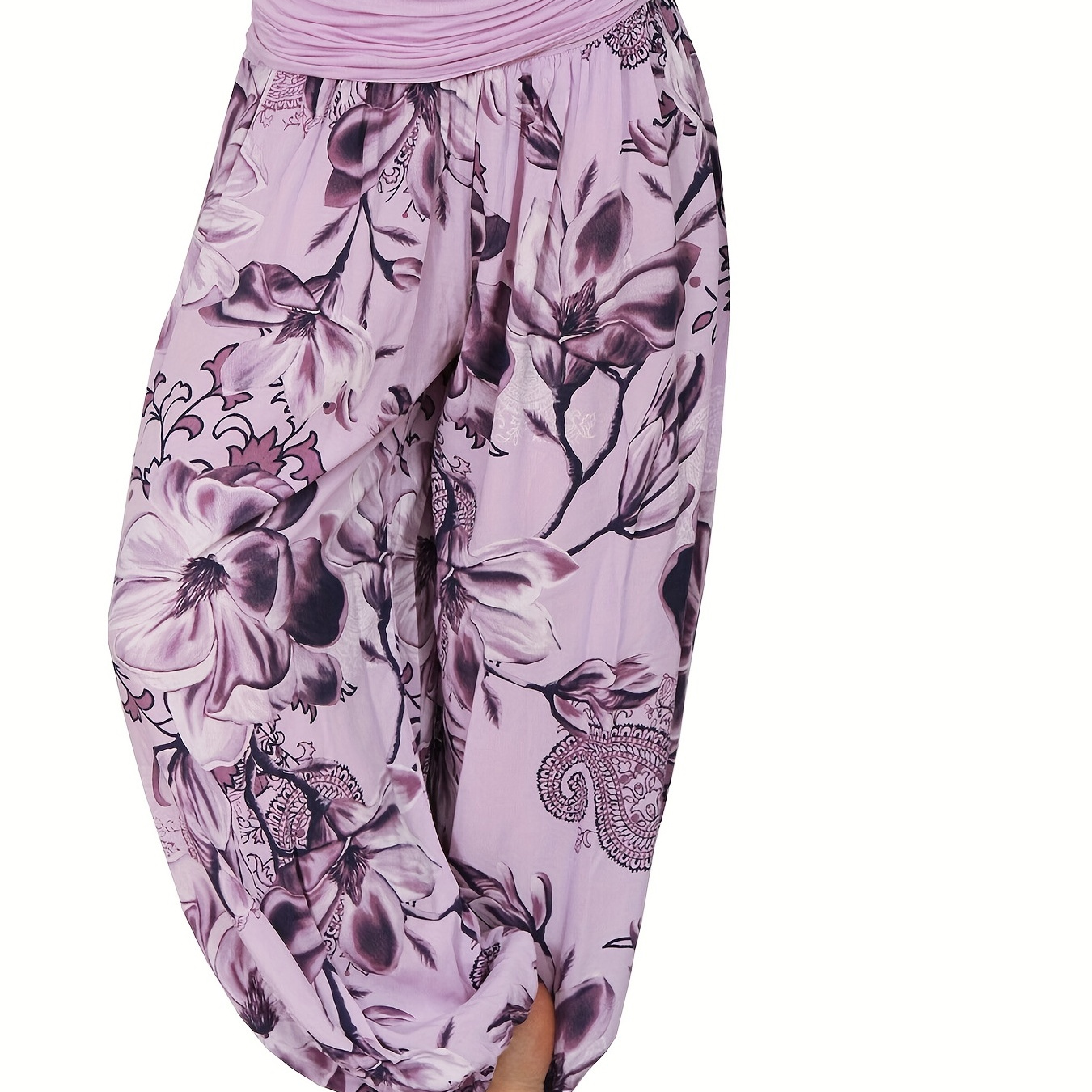 

Boho Floral Print Pants, Elastic Waist Vacation Harem Pants For All Season, Women's Clothing