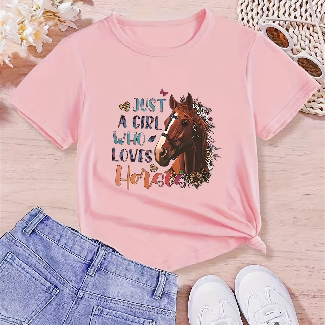 

Just A Girl Who Loves Horses & Cute Animal Pattern Print Girls Casual Fashion Comfortable Crew Neck T-shirt For Spring/ Summer, A Gift For Girls