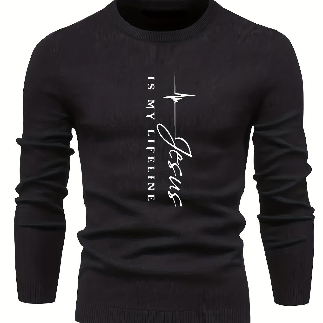 Men's Knit Pullover With "Jesus Is My Lifeline" Print, Oversized Fashion Long Sleeve Sweater For Spring/autumn, Men's Clothing, Plus Size