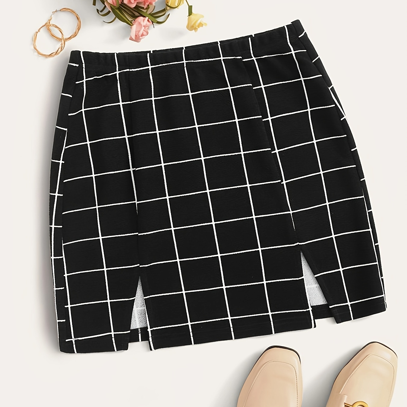 

Plaid Print Split Hem Mini Skirt, Casual Slim Skirt For Spring & Summer, Women's Clothing