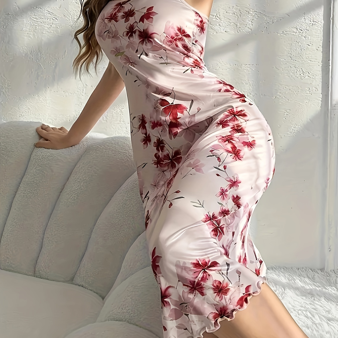 

Floral Print Nightgown, Elegant Round Neck Backless Frill Trim Midi Slip Dress, Women's Sleepwear