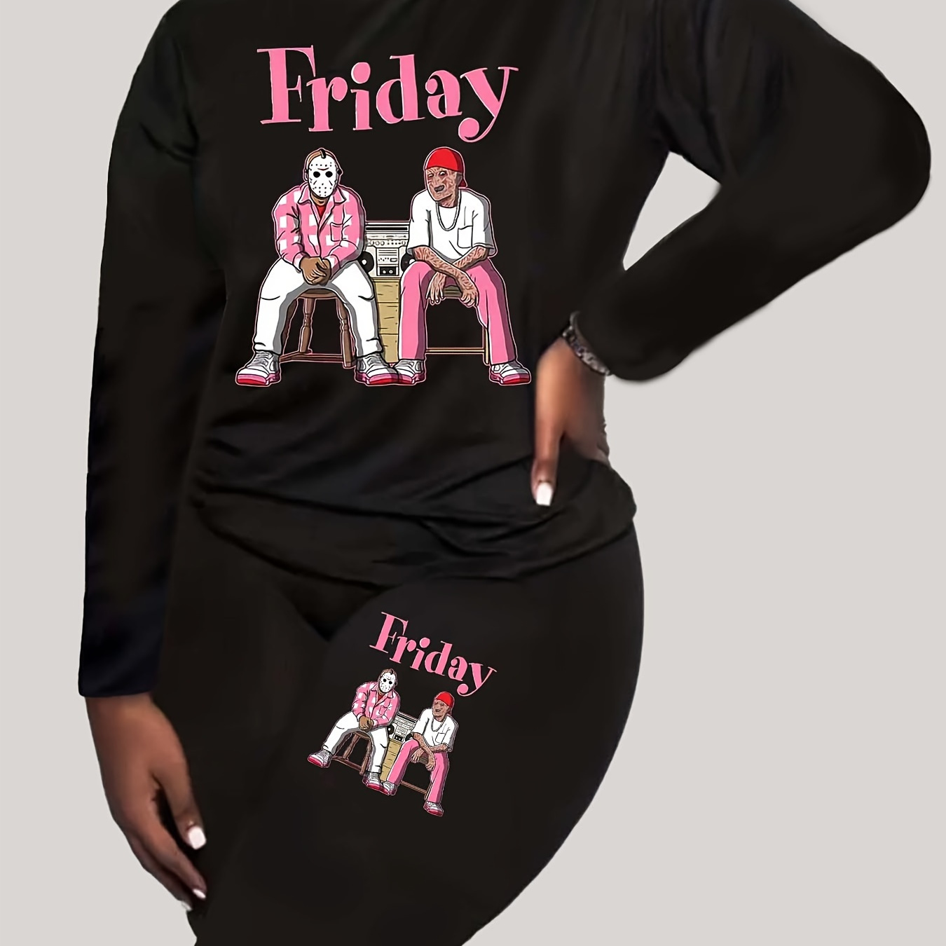 

Plus Size Graphic Print 2 Piece Set, Long Sleeve T-shirt & Leggings, Women's Plus Size Clothing