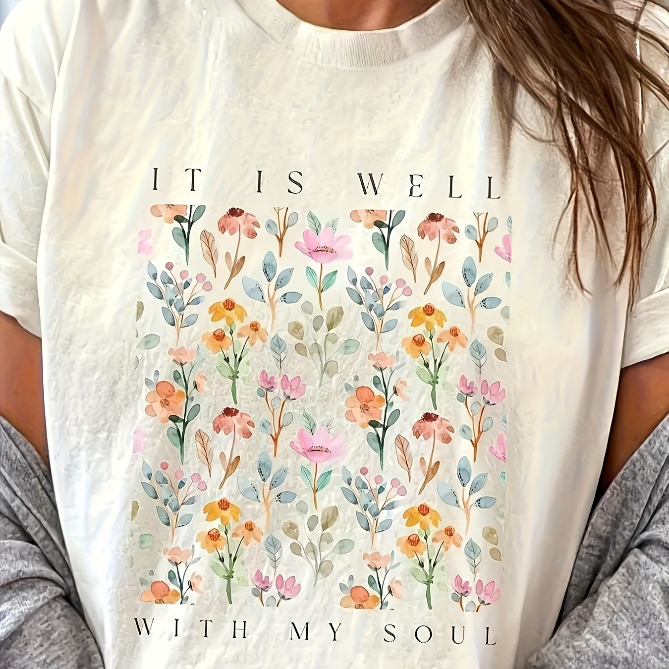 

Floral Print T-shirt For Women - Casual Crew Neck Polyester And Spandex Blend With Plant Pattern, Regular Length, Knit Fabric For All Seasons