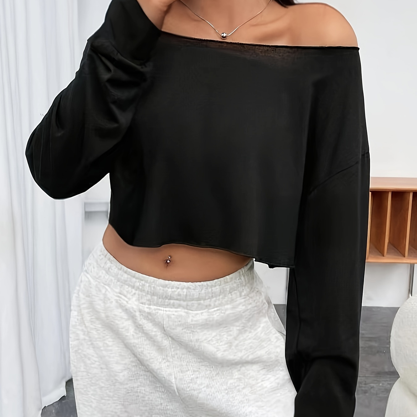 

Off-the-shoulder Long Sleeve Crop Top T-shirt - Polyester , Y2k Style With Raw Hem Detail, Solid Color, Knit Fabric With Medium Stretch, Loose Fit For Spring/summer/fall