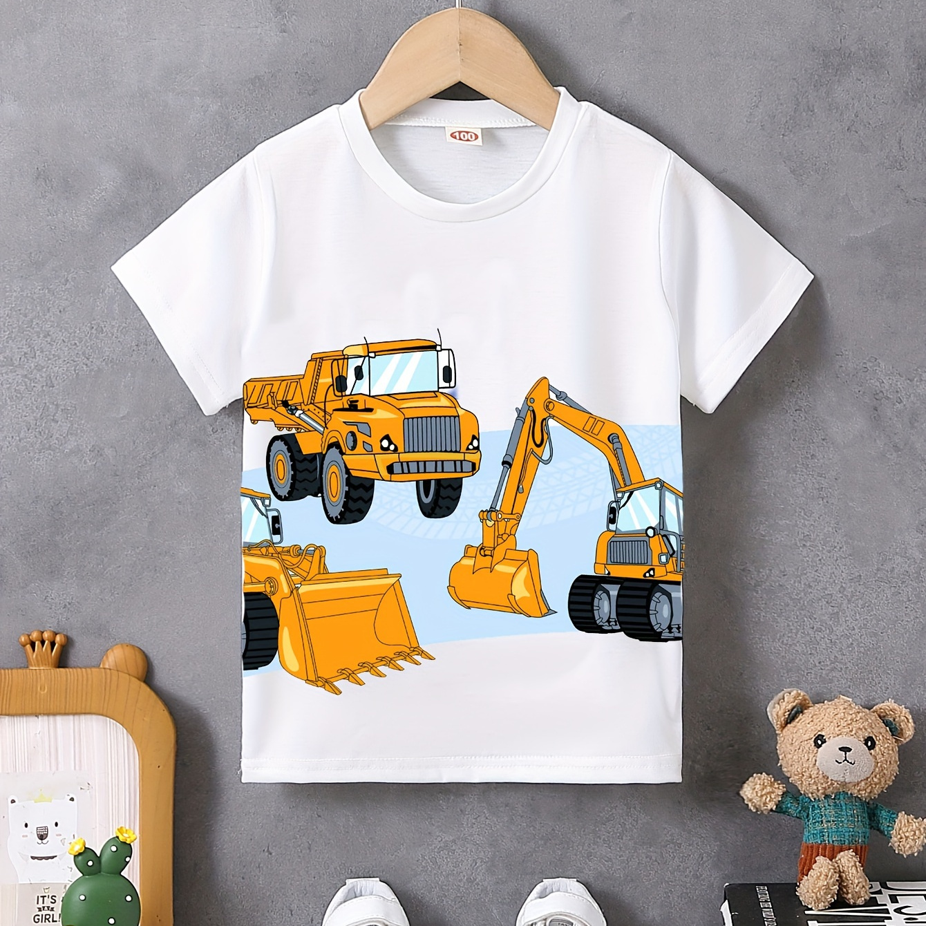 

Cartoon Industry Vehicle Print Boy's Cute T-shirt, Casual Lightweight Comfortable Short Sleeve Top, Summer Clothes