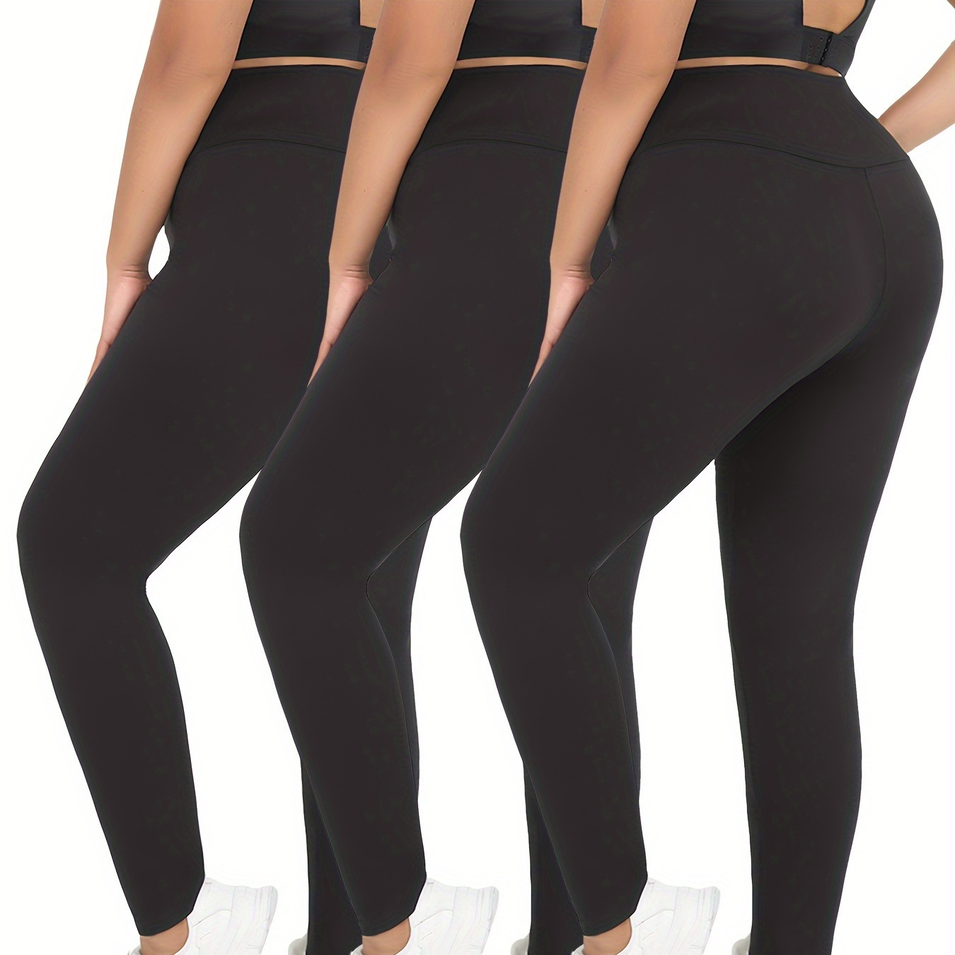 

3 Pack Plus Size Super Soft Leggings For Women, High Waisted Tummy Control No See Through Workout Yoga Running Pants Leggings For Spring & Autumn