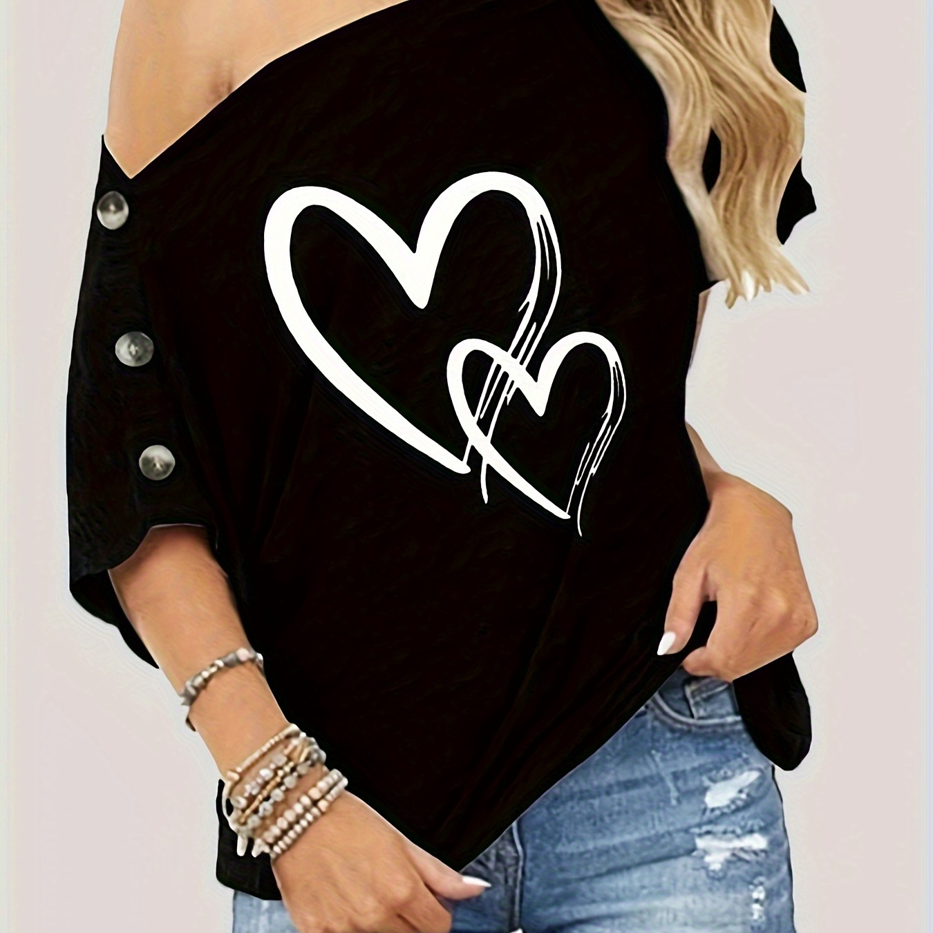 

Heart Print Loose T-shirt, Casual Short Sleeve Top For , Women's Clothing