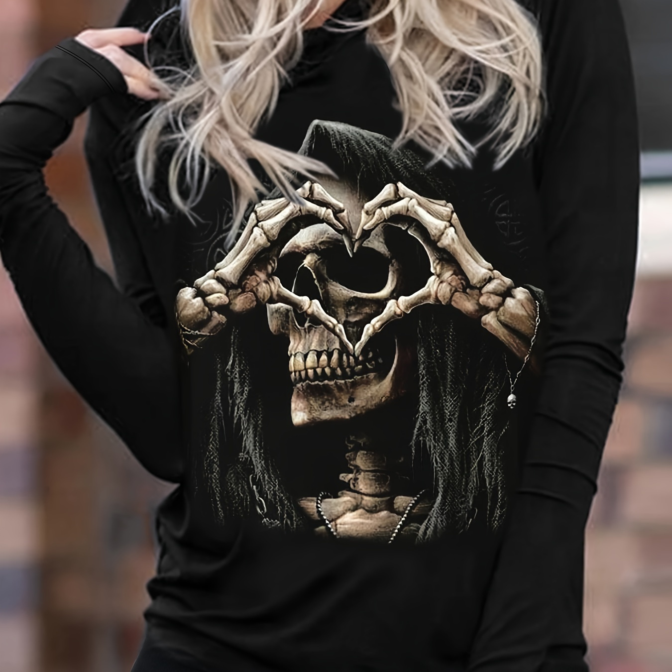 

Women' Hoodie With Heart & Skull Design, Casual Polyester And Spandex , Knit Fabric, 95% Polyester 5% Spandex, 180g/m² - Cozy And Stylish Long Sleeve Pullover