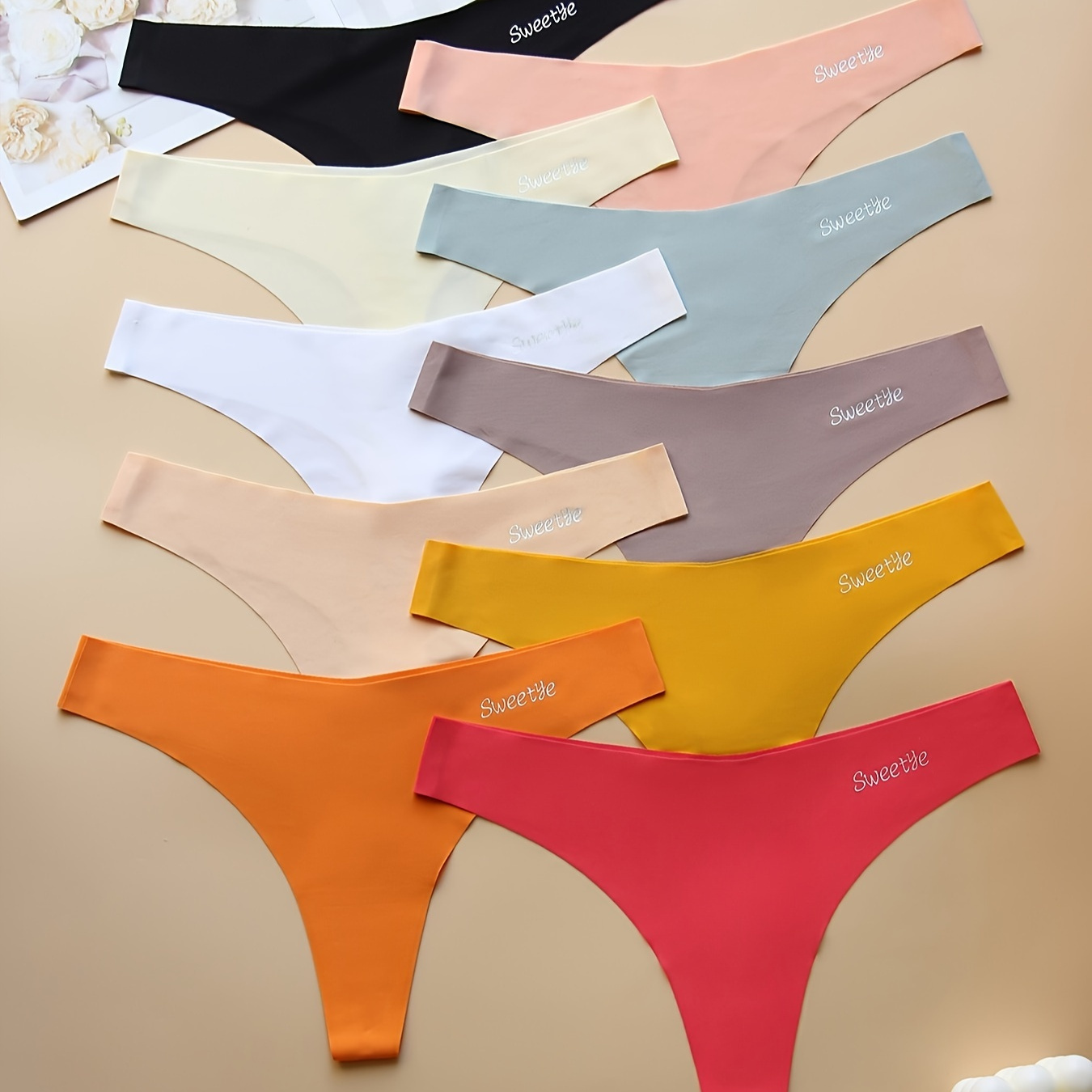 

10pcs Seamless Solid Thongs, Soft & Comfy Low Waist Stretchy Panties, Women's Lingerie & Underwear