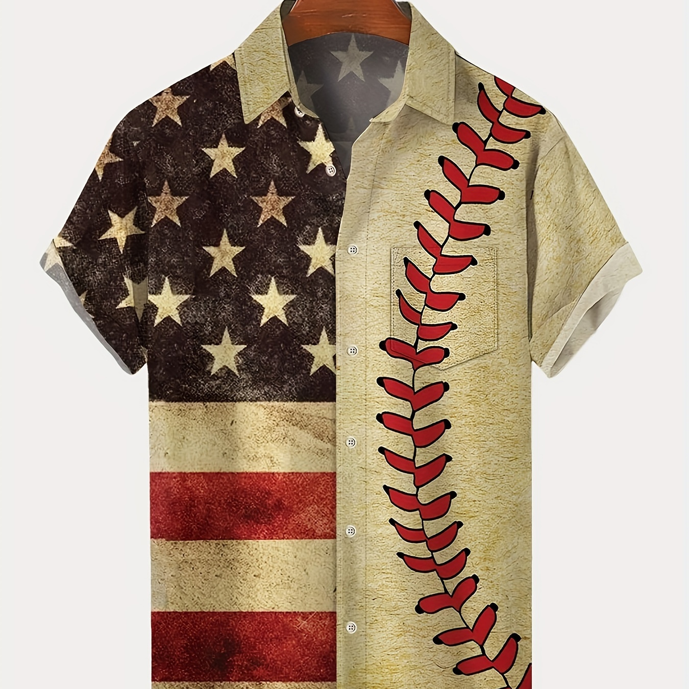

Baseball Themed Flag Digital Print Men's Vintage Short Sleeve Button Down Shirt With Chest Pocket, Summer Outdoor