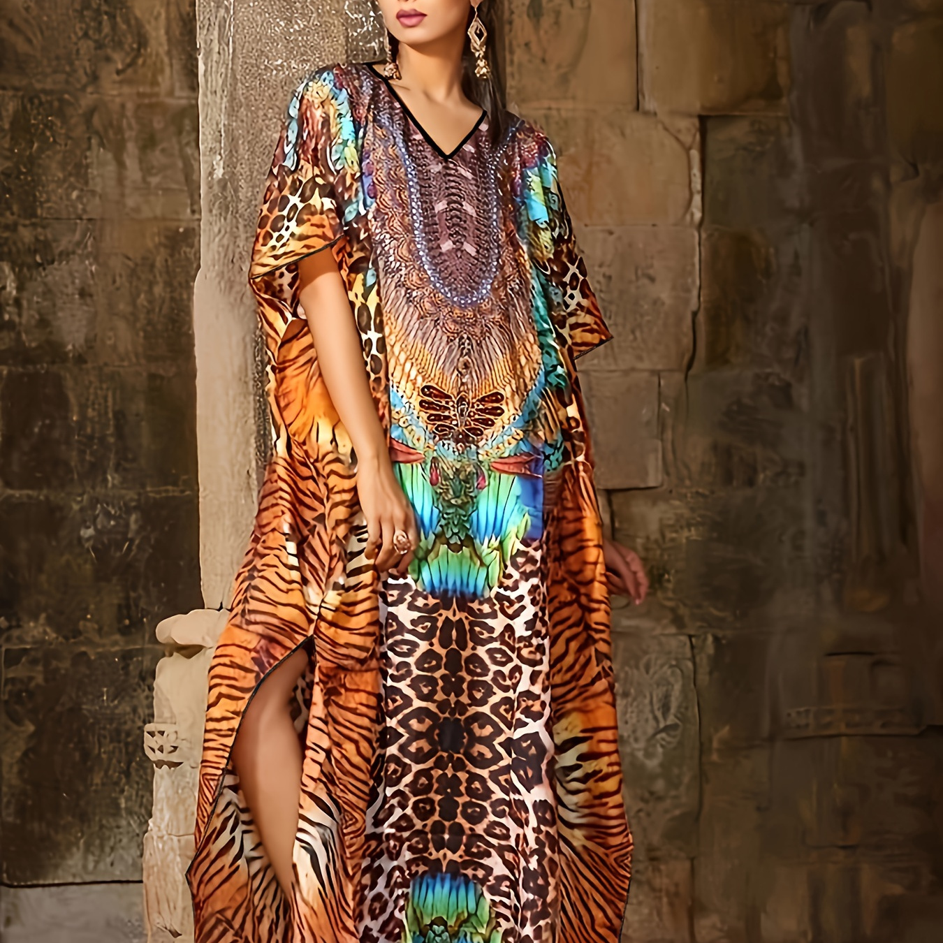 

Plus Size Pattern Kaftan , V Sleeve , Women's Plus Size Clothing