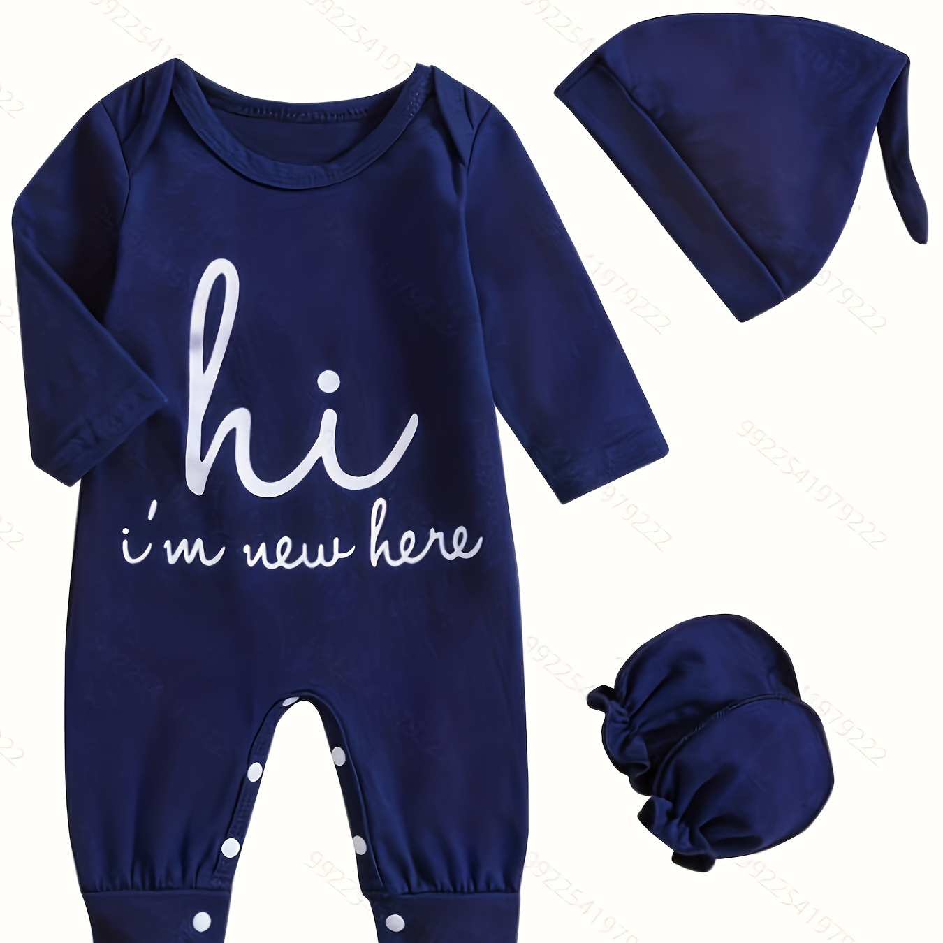 

Hi I'm New Here Print 3pcs Baby Boys Cotton Romper Jumpsuit & Anti-scratch Gloves & Hat Comfy Soft Baby Clothing