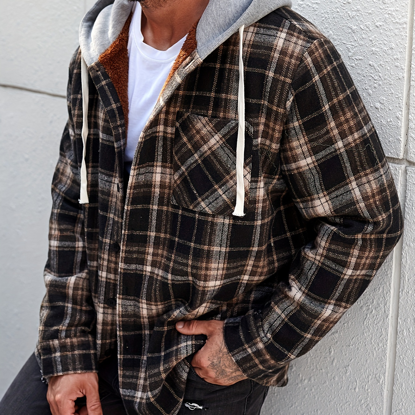 

Men's Casual Plus Size Plaid Pattern Hooded Shirt Jacket With Drawstring - Fall/winter