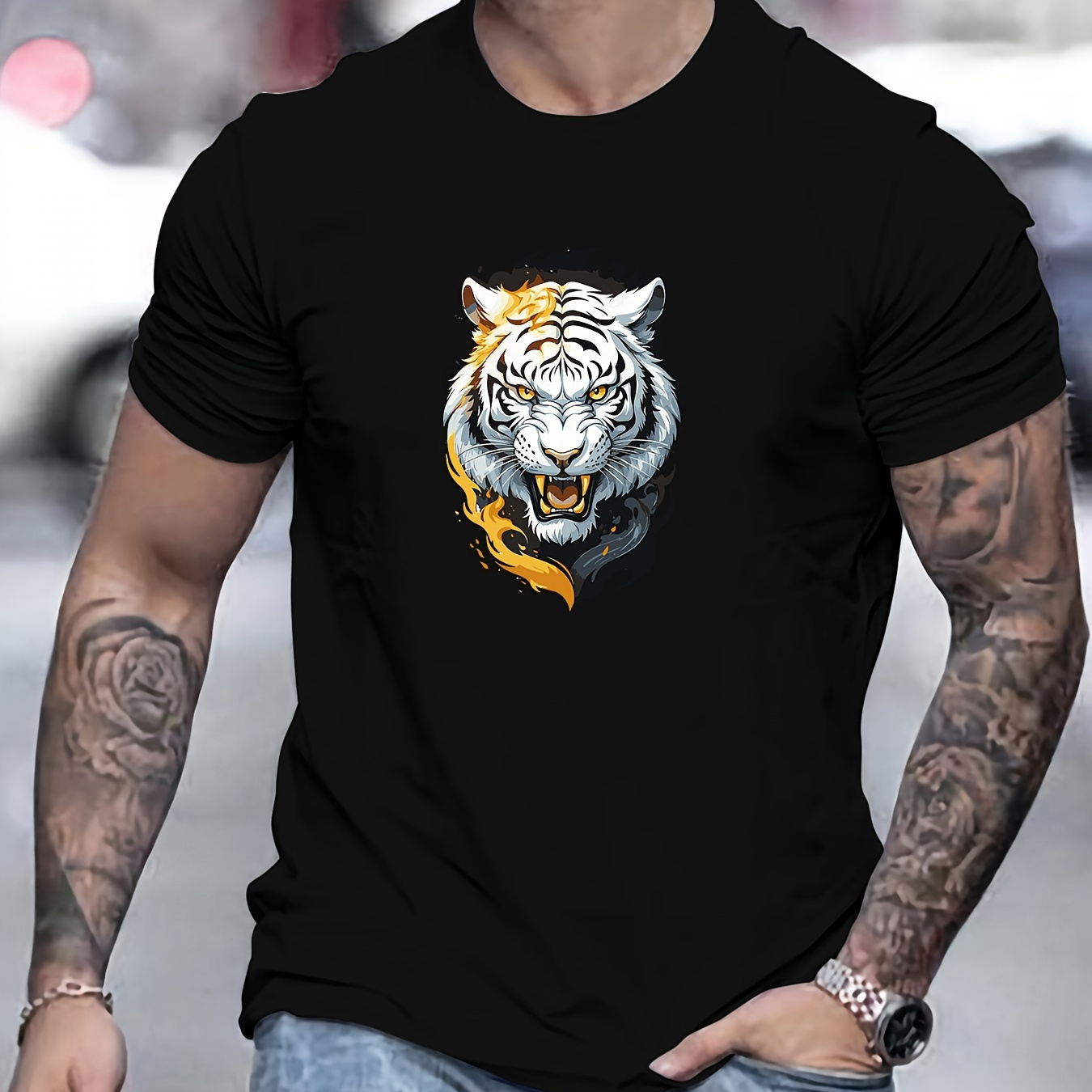 

Cartoon White Tiger Pattern Print Men's T-shirt Short Sleeve Crew Neck Tops Cotton Comfortable Breathable Spring Summer Clothing For Men