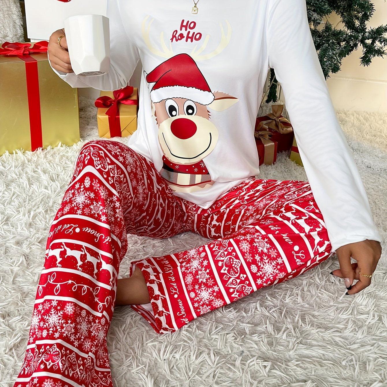 

Christmas Elk Print Pajama Set, Crew Neck Long Sleeve Top & Elastic Waistband Pants, Women's Sleepwear & Loungewear