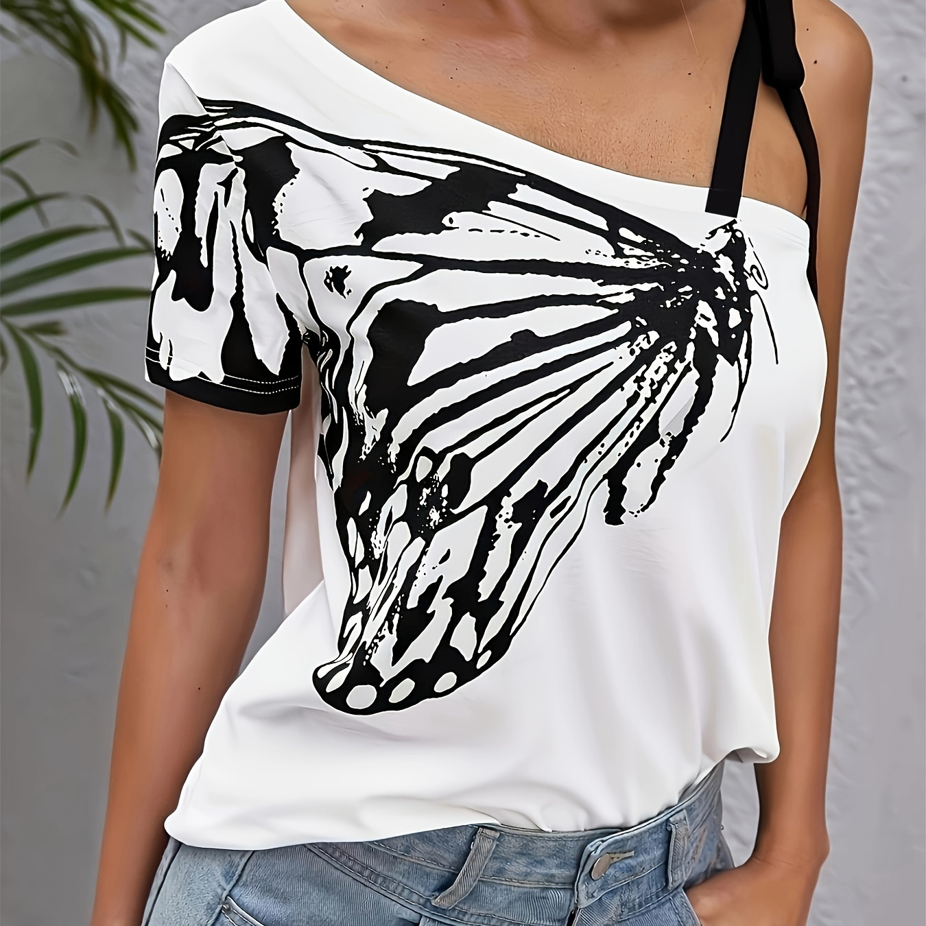 

Butterfly Print 1 Shoulder T-shirt, Elegant Asymmetrical Sleeve Top For Spring & Summer, Women's Clothing