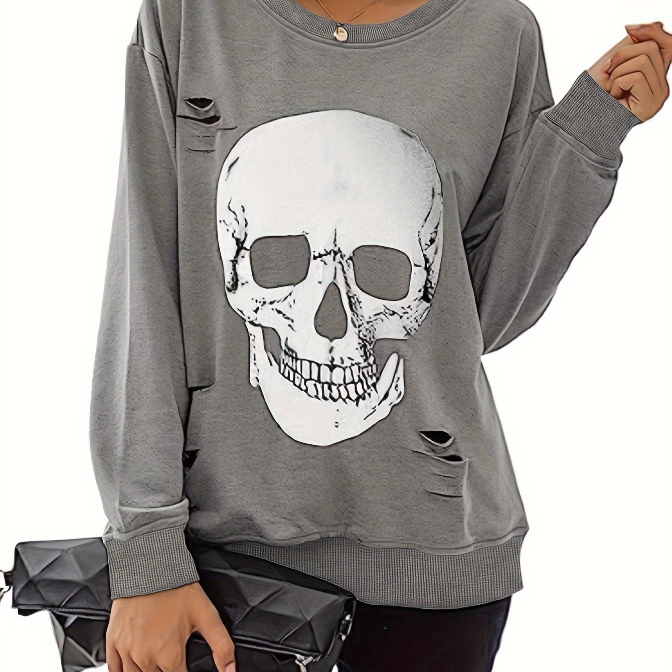 

Skull Print Ripped Crew Neck T-shirt, Casual Long Sleeve Top For Spring & Fall, Women's Clothing