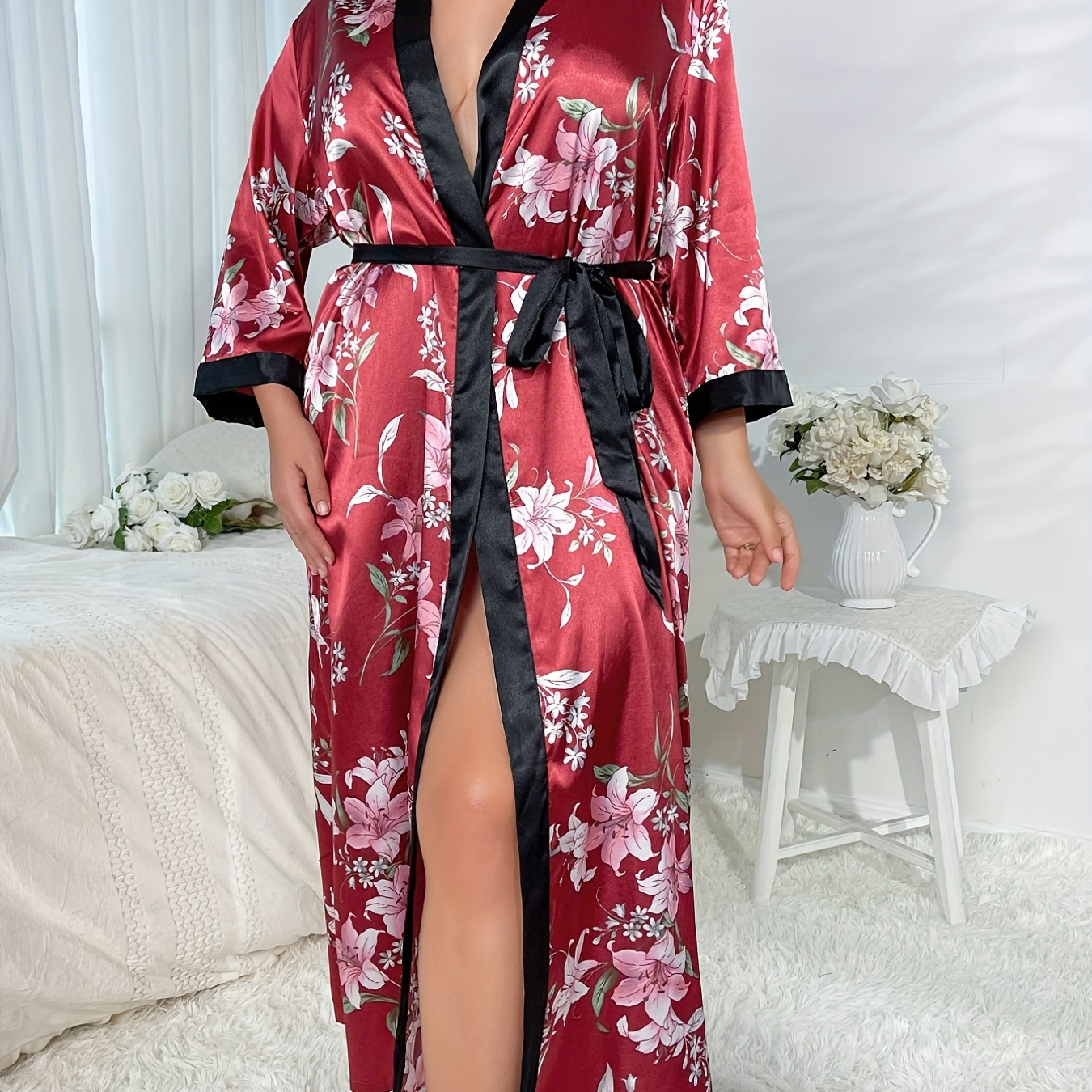 

Plus Size Elegant Nightgown, Women's Plus Satin Floral Print Open Front Long Sleeve Belted Loungewear Robe