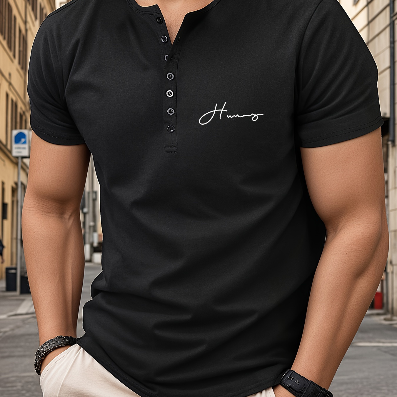 

Men' Letter Print Short Sleeve Henley Shirt, Business Fashion Top For Male's Casual And