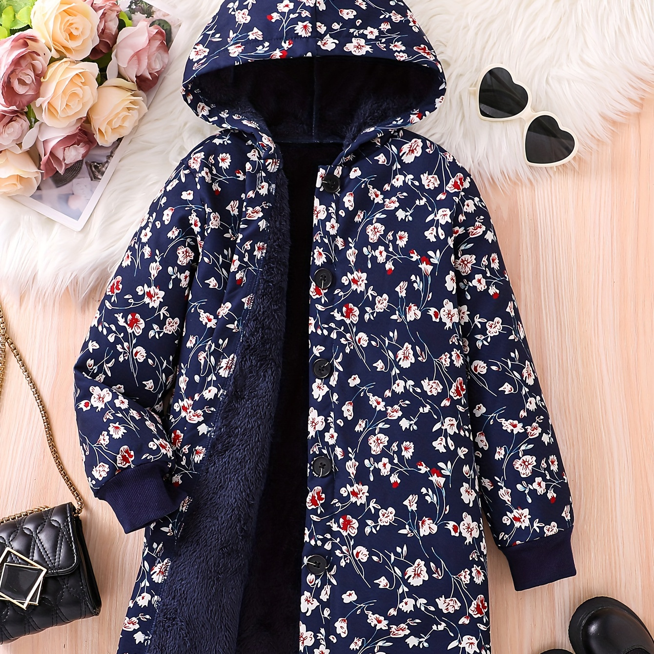 

Elegant Floral Print Girl's Plush Lined Thick Warm Hooded Jacket, Comfy Fit Girls Outerwear For Winter/fall