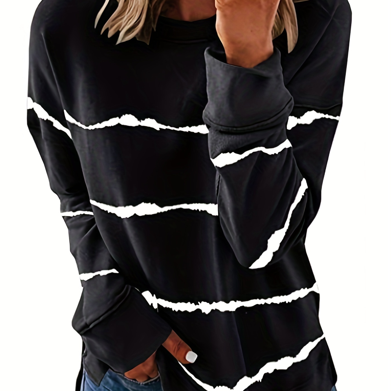 

Striped Hem Slit Crew Neck T-shirt, Casual Loose Long Sleeve Spring & Fal T-shirts Tops, Women's Clothing