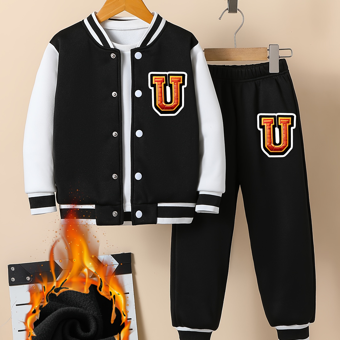 

Artistic Letter Print Boys Two-piece Set, Long Sleeve Button Baseball Jacket & Elastic Waist Pants, Casual Comfortable Warm Fleece Outfits For Autumn And Winter