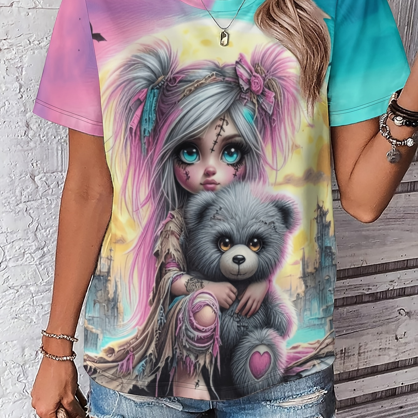 

Confort ] T-shirt pour Femme avec Fille Anime et en Peluche Tie-Dye - Coupe Confortable, Manches Courtes, Col Rond, Style de Rue Y2K, Mélange de Polyester Respirant, Idéal pour /Été/Automne