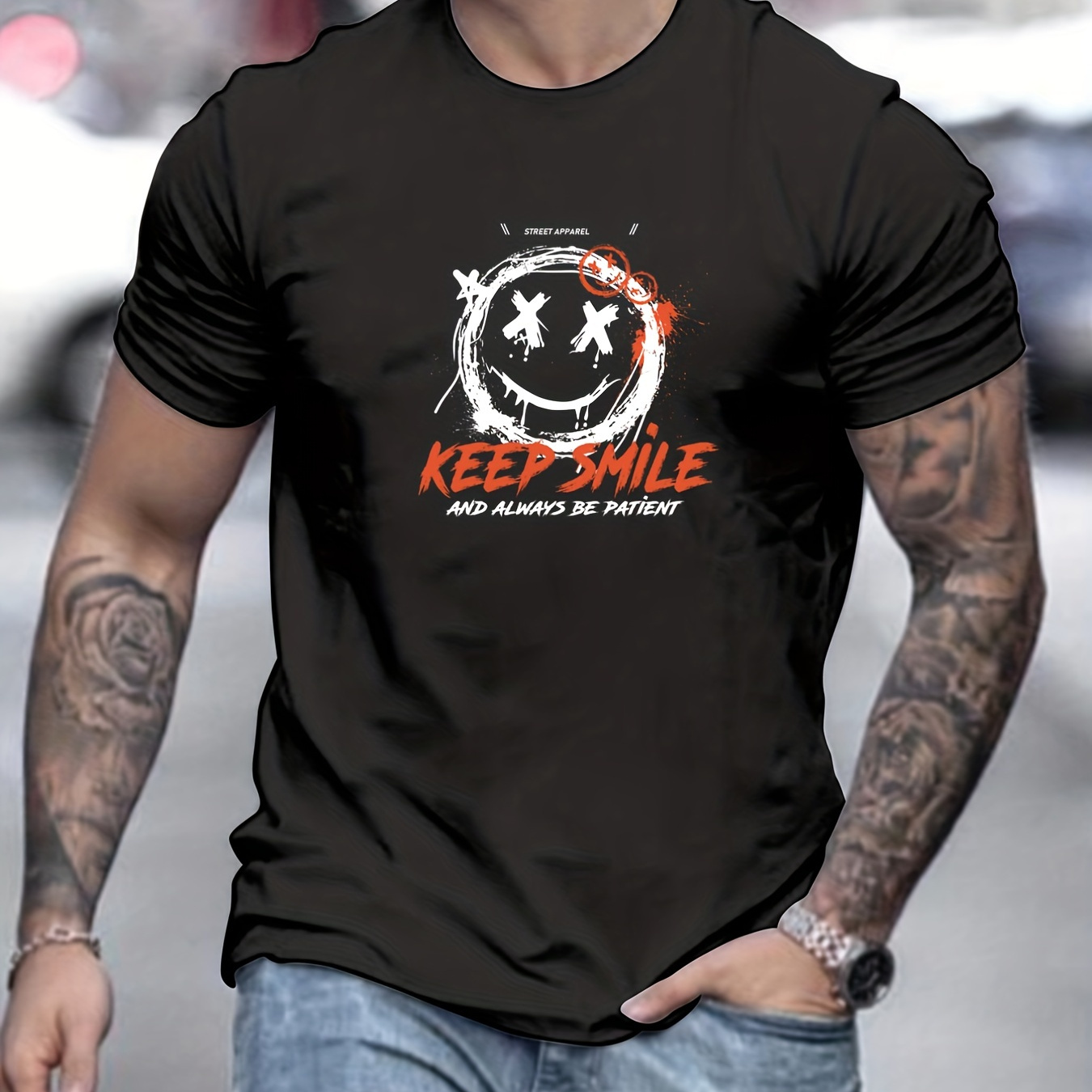 

Tees For Men, 'keep Smile' Print T Shirt, Casual Short Sleeve Tshirt For Summer Spring Fall, Tops As Gifts