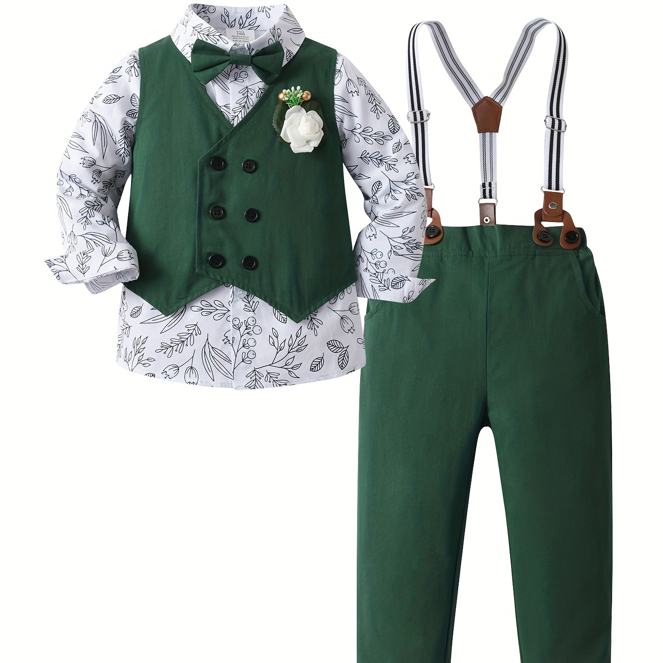

3ocs Boys Formal Gentleman Outfits, Long Sleeve Leaves Print Bowtie Shirt & Suspender Pants & Vest, Kids Clothing Set For Competition Performance Wedding Banquet Dress