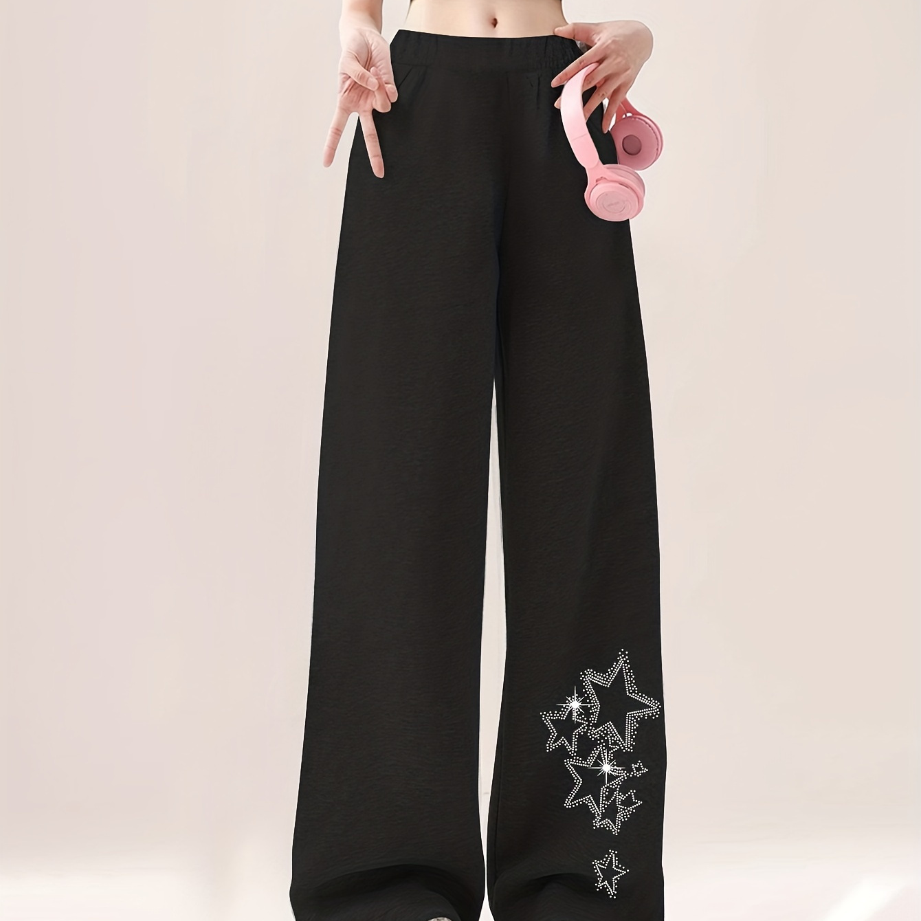 

Creative Stars Pattern Print Girl's Wide Leg Pants, Casual Comfortable Loose Trousers For Autumn