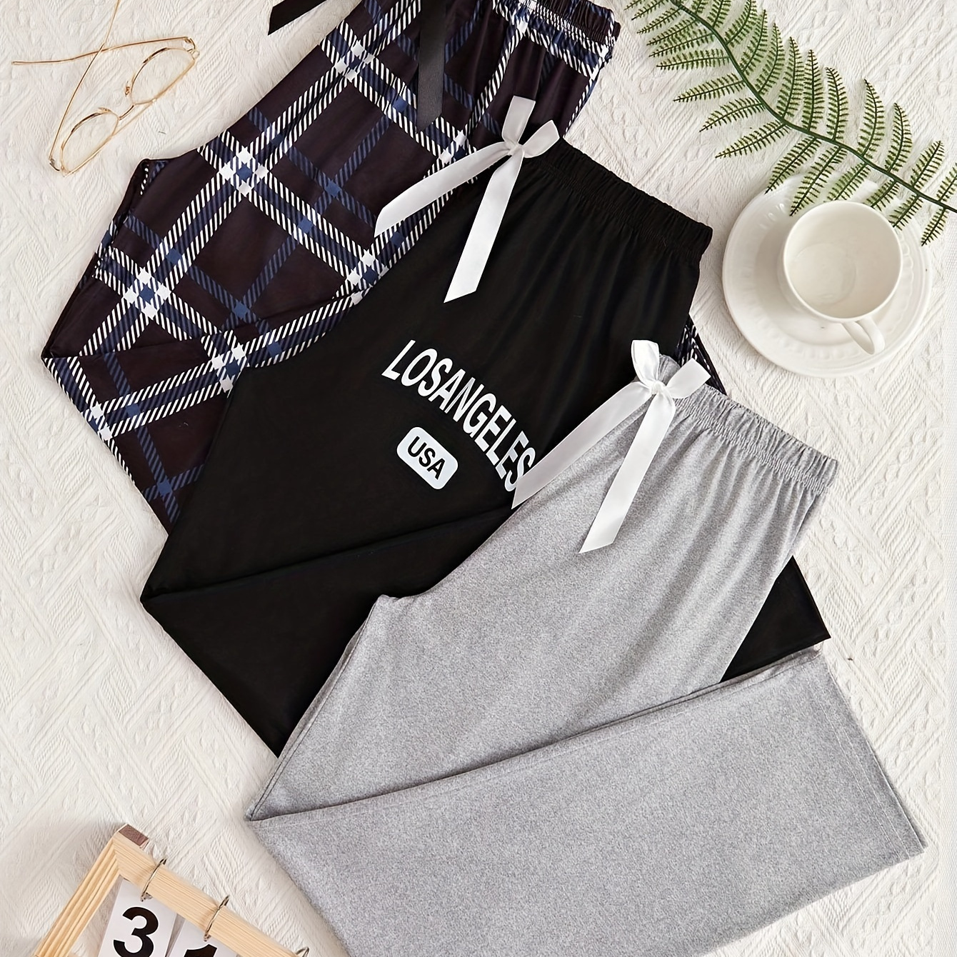

3 Pcs Plaid & Letter Print Pajama Bottoms, Casual Bow Elastic Stretchy Loose Fit Pants, Women's Sleepwear