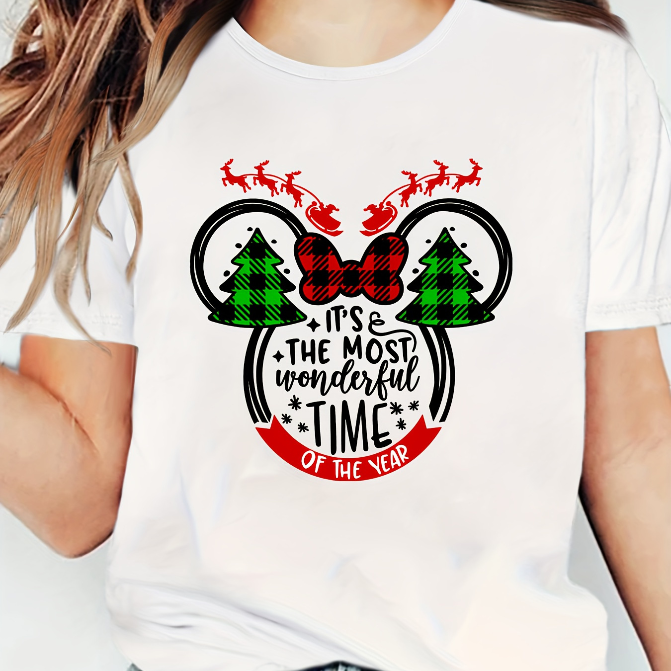 

Christmas Tree & Cartoon Mouse & Slogan Print Comfy T-shirt, Round Neck Short Sleeve Sports Tee, Women's Activewear