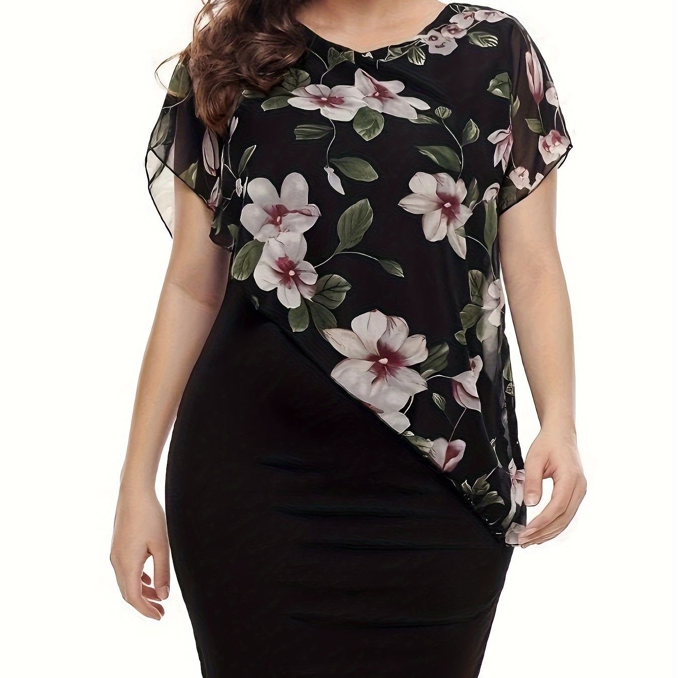 

Elegant Floral Print Bodycon Dress For Women - Stretchy Polyester & Elastane , Machine Washable, Round Neck With Layered Detail, All