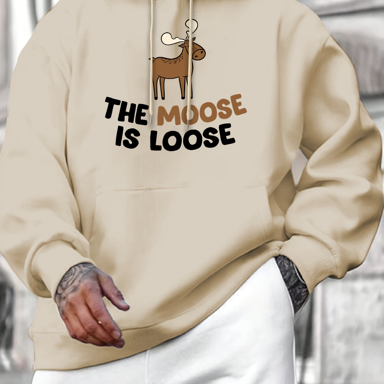 

The Moose Is Loose Print Kangaroo Pocket Hoodie, Casual Long Sleeve Hoodies Pullover Sweatshirt, Men's Clothing, For Fall Winter