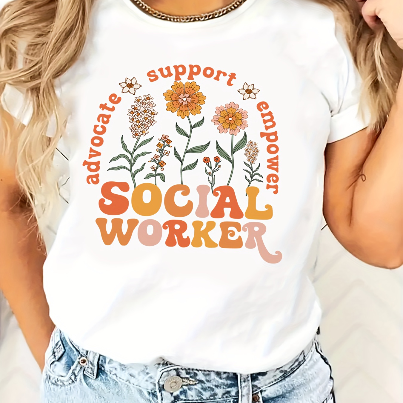 

Women's Casual Floral Print T-shirt "social Worker" , Comfort Fit Short Sleeve Tee