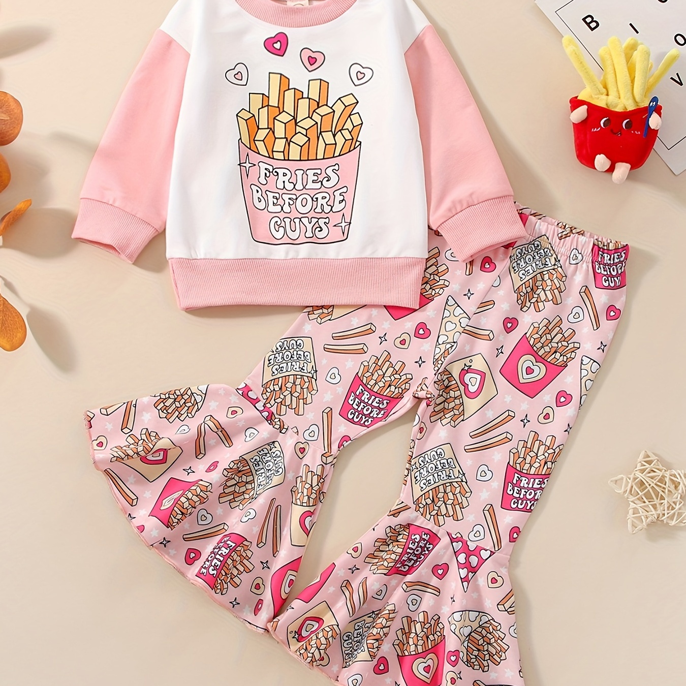 

Adorable Cartoon Fries Outfit - Long-sleeved Pullover Top & Flared Pants For Little Girls