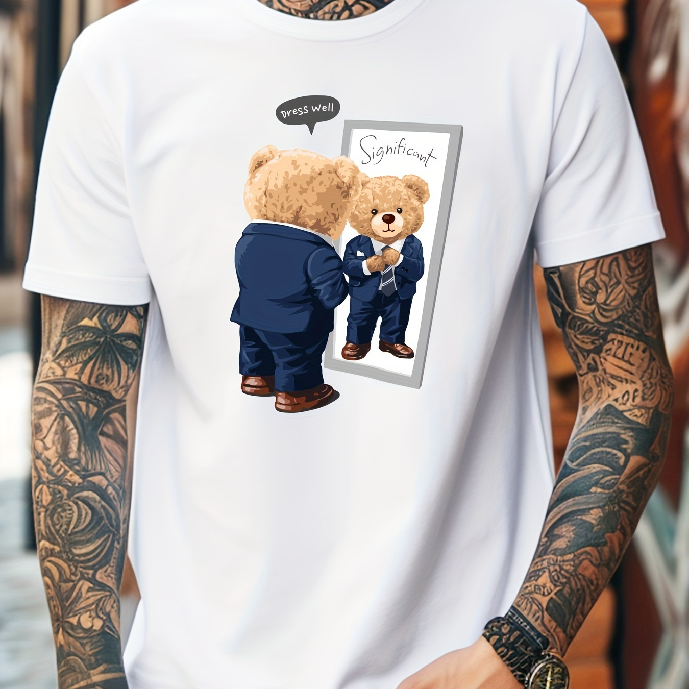 

Bear In Suit Print Tee Shirt, Tees For Men, Casual Short Sleeve T-shirt For Summer