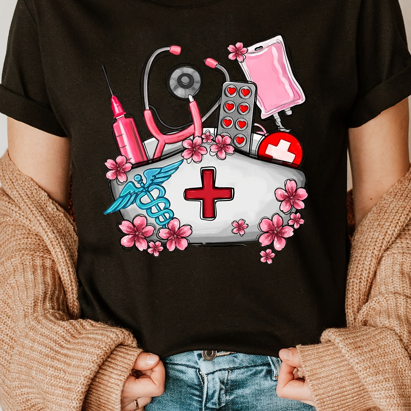 

Nurse Day Print Crew Neck T-shirt, Short Sleeve Casual Top For Summer & Spring, Women's Clothing