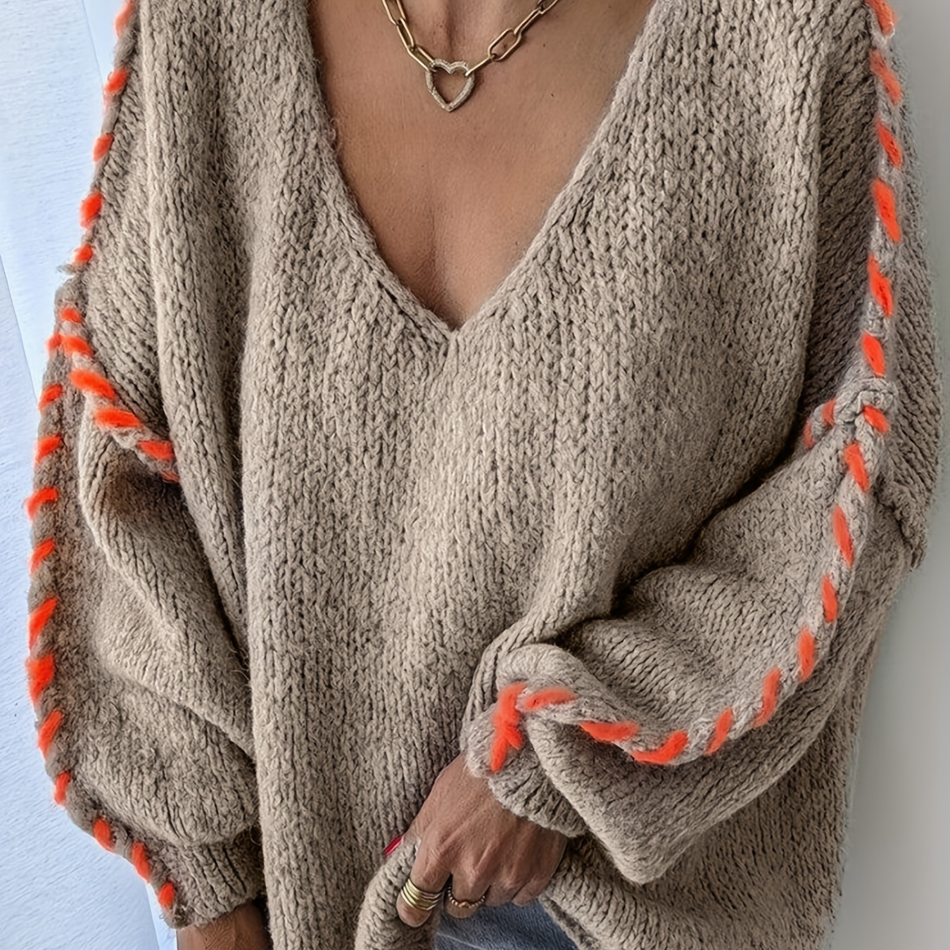 

Plus Size V Knitted Sweater, Long Pullover Sweater For Fall & , 's Plus Size Clothing