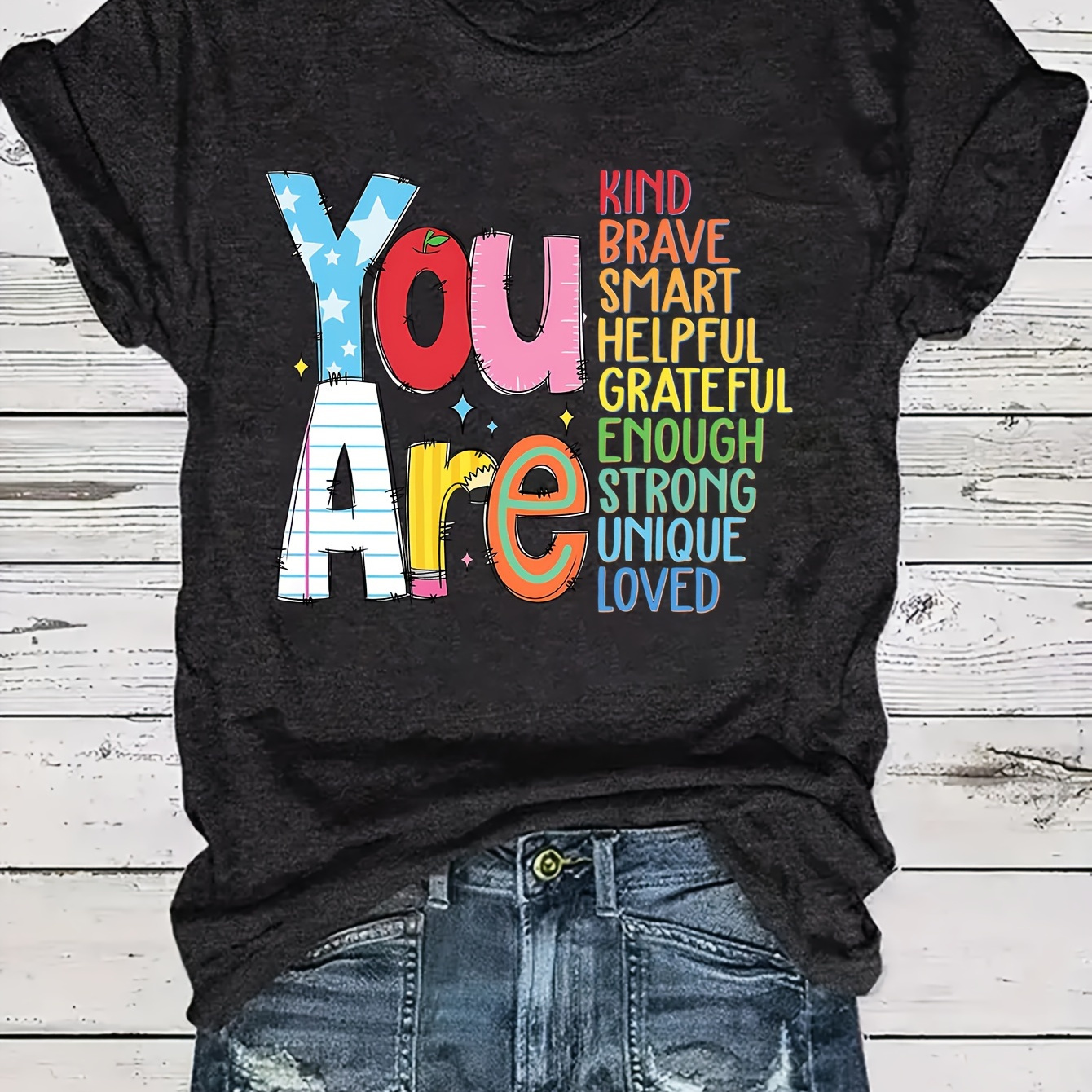 

Kind Brave Helpful Grateful Strong Unique Loved Inspirational Alphabet Print Casual Crew Neck T-shirt For Women, Polyester, Summer Knit Fabric