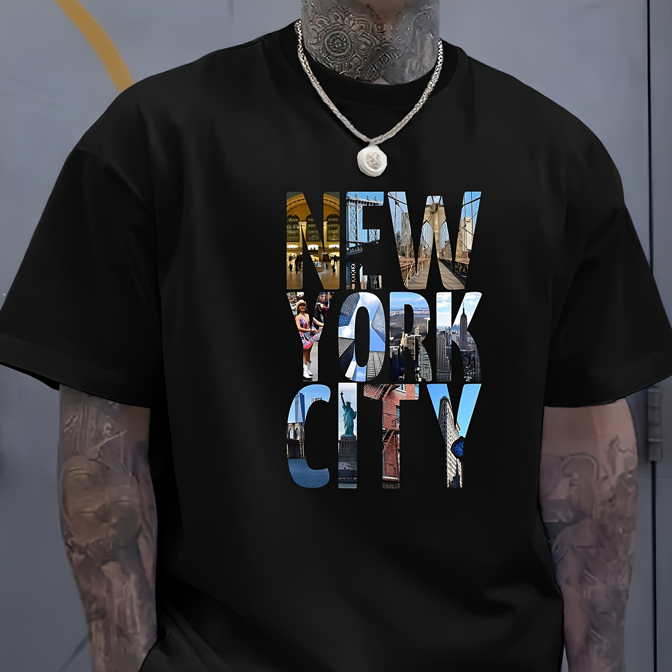 

Men's Casual Graphic T-shirt - Black Polyester , Short Sleeve, Round Neck, Summer Tee With Iconic Nyc Print, New T Shirt