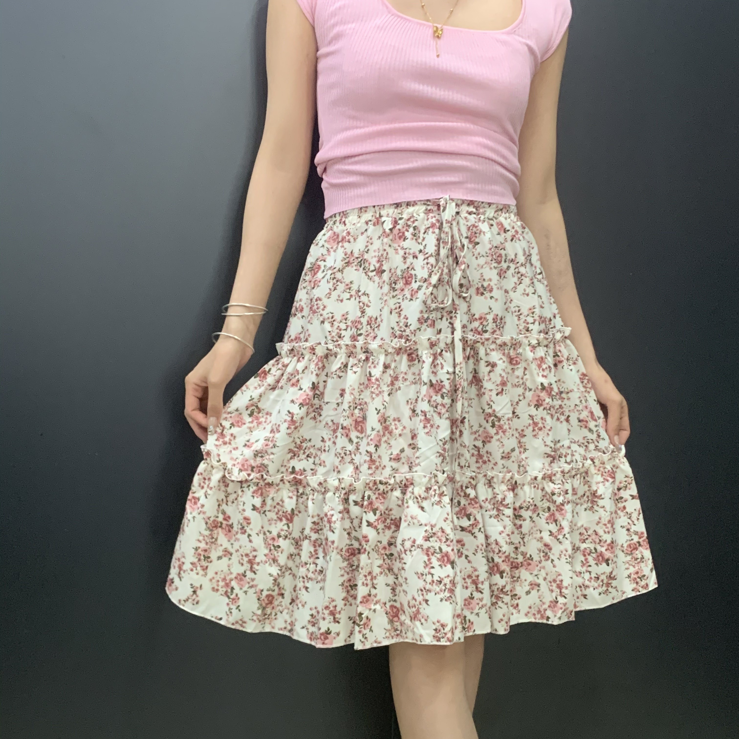 

Floral Print Elastic Waist Tiered Skirt, Casual A-line Tied Skirt For Spring & Summer, Women's Clothing