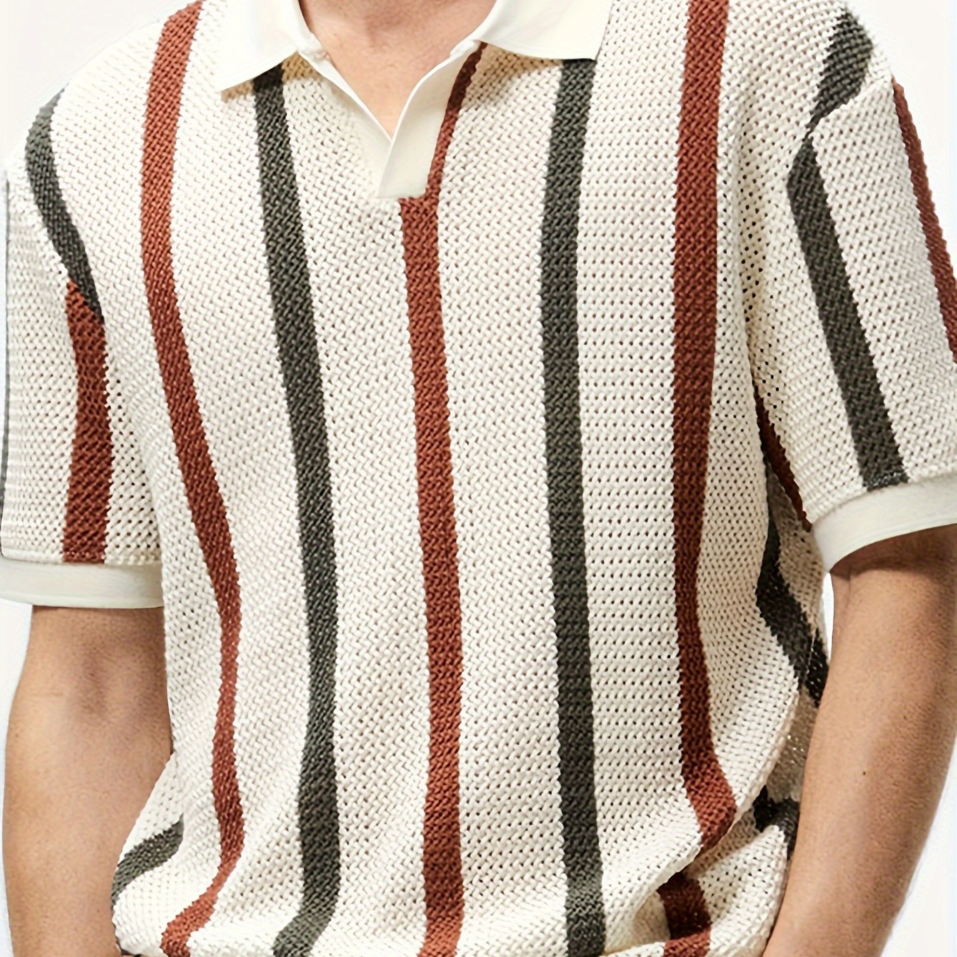 

Tooluck Chic Hollow Knit Sweater Color Striped Short Sleeve Casual Lapel Shirt